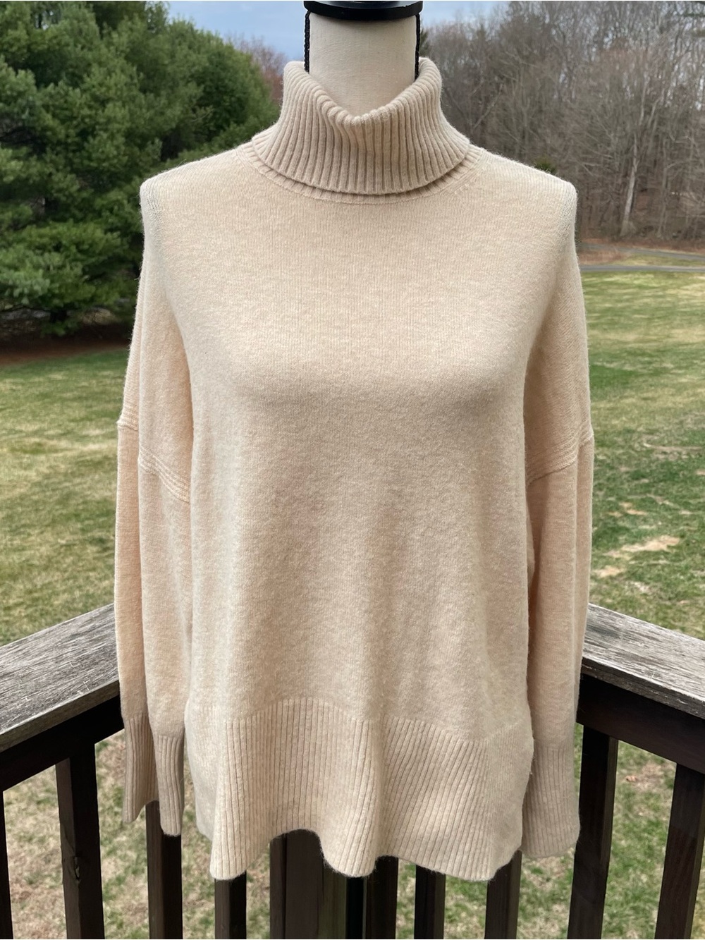 J Crew sweater turtleneck nylon alpaca blend oatmeal quiet luxury minimalist lg